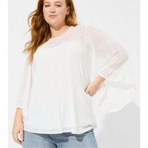 Torrid Flocked Mesh Crew Neck Bell Sleeve Swing Top in Bright White spring